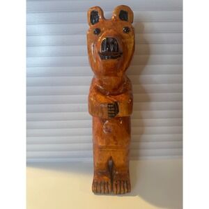 Hand Carved Wooden Bear Folk Art Signed 2001 Rustic Primitive Cabin Decor